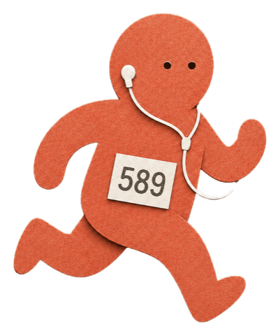 The RacePep paper-craft character — a running gingerbread figure wearing bib 589 and earphones