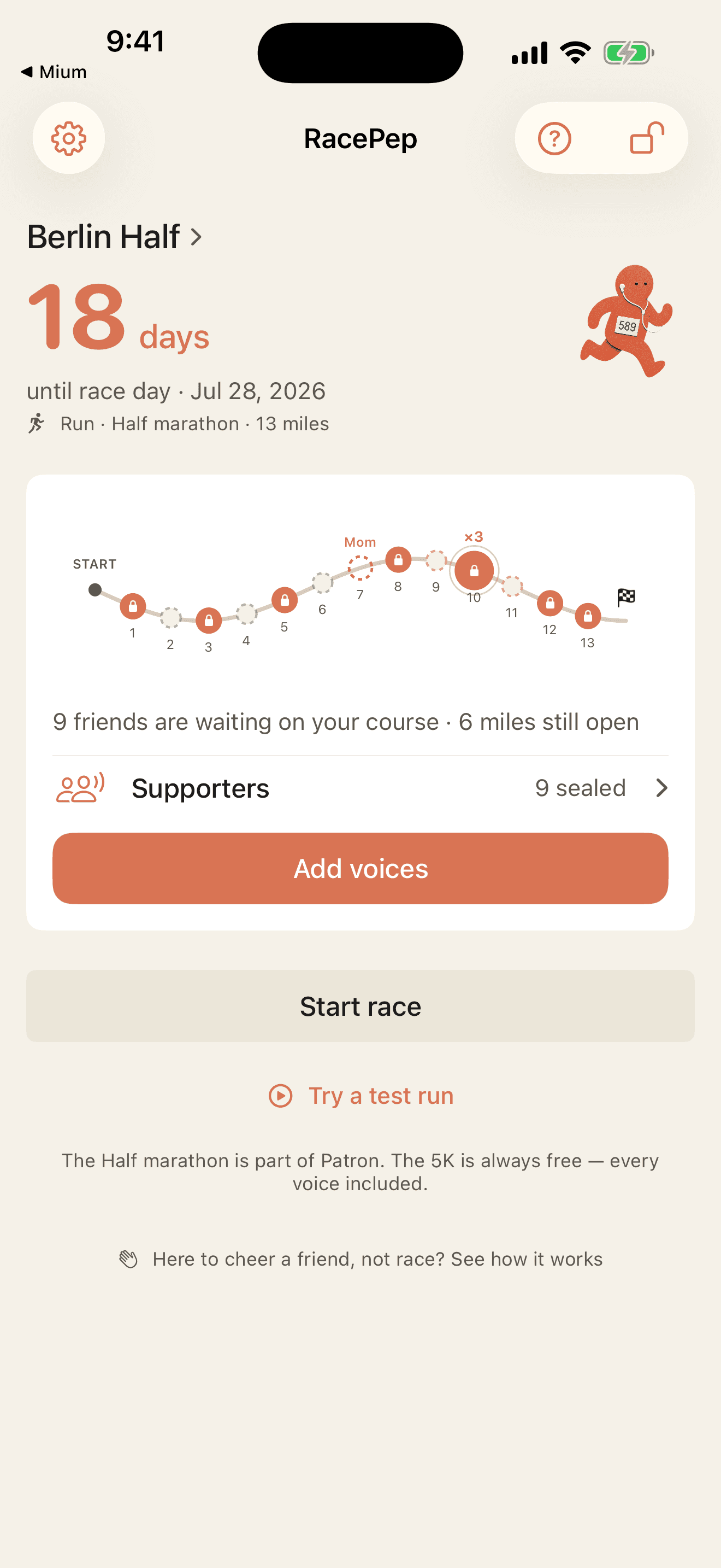 The RacePep home screen: a course of thirteen mile markers filling with sealed voices before the Berlin Half